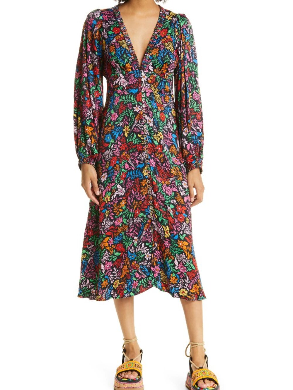 Farm Rio - Tropical Garden Long Sleeve Midi Dress - XS